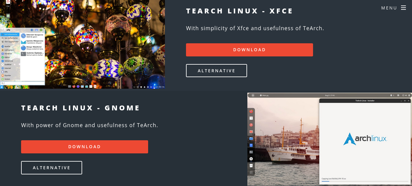TeArch Linux'un indirme sayfası.